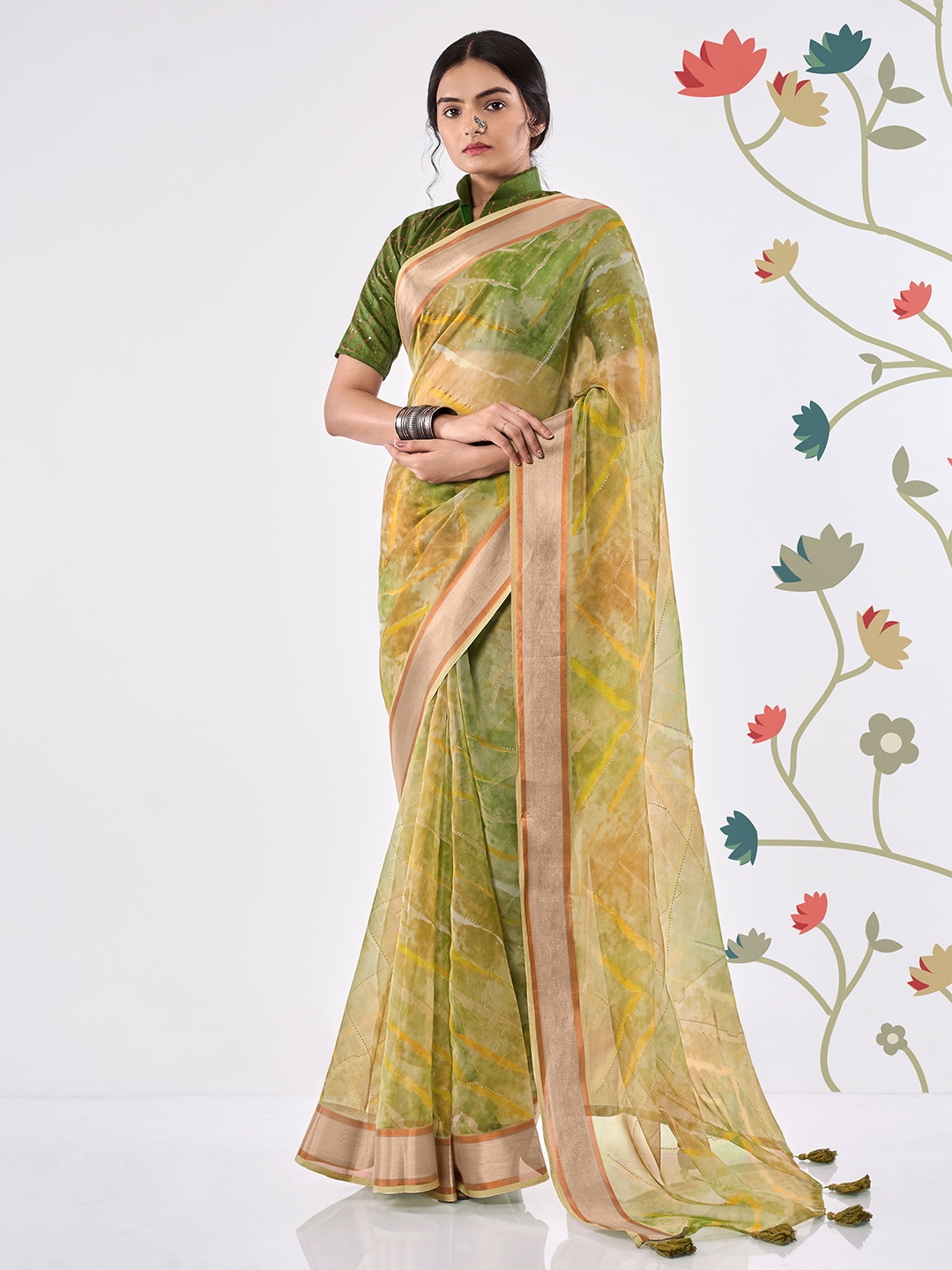 

SHANGRILA Printed Zari Organza Leheriya Saree, Green