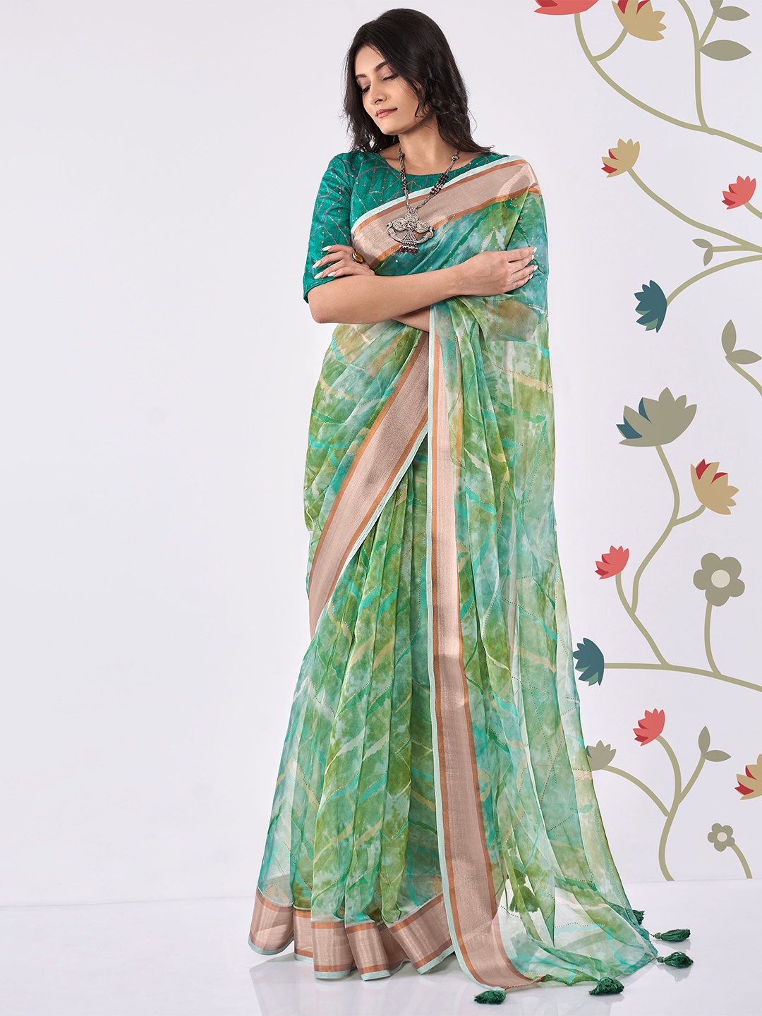 

SHANGRILA Printed Zari Organza Leheriya Saree, Green