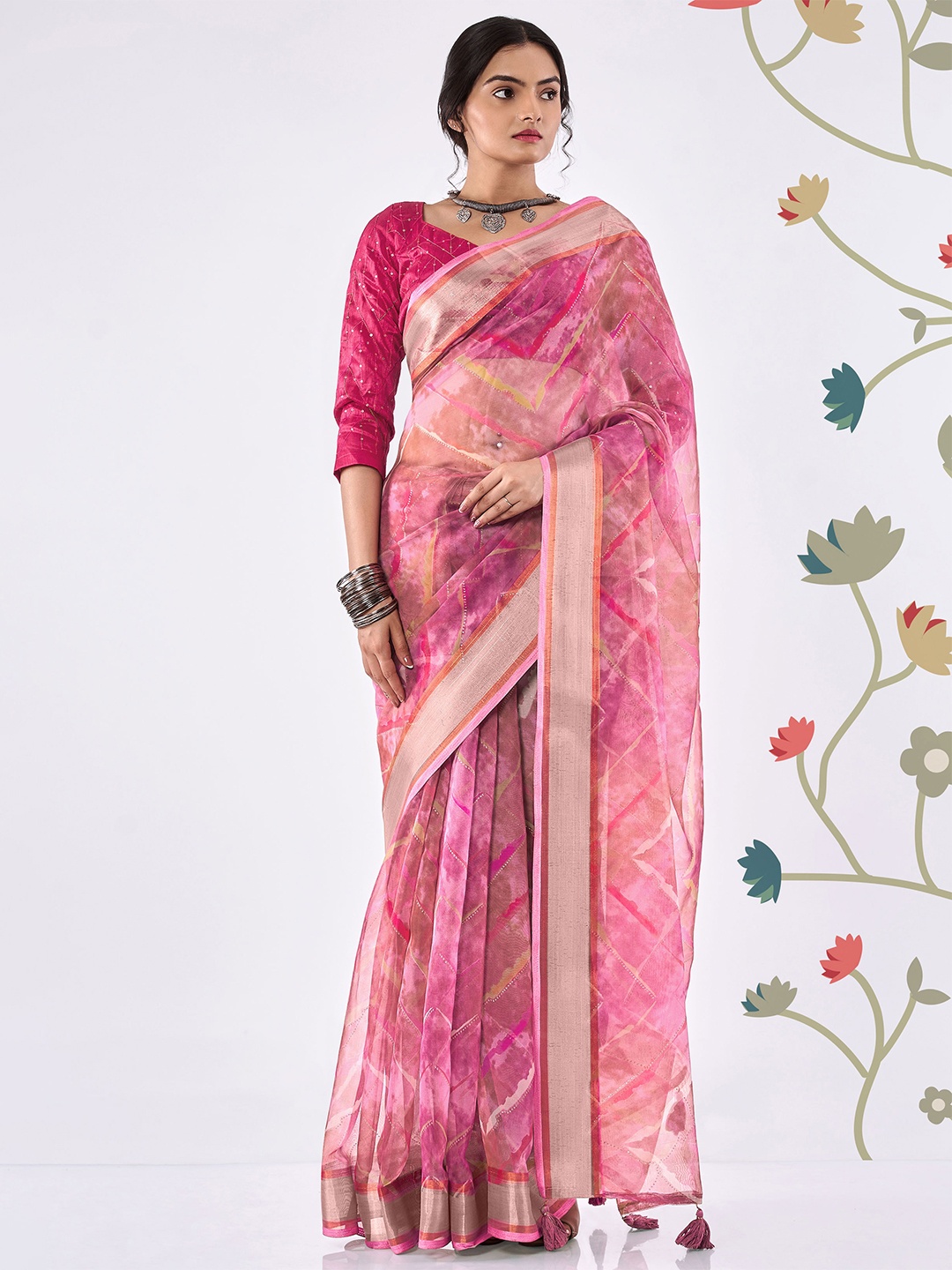 

SHANGRILA Printed Zari Organza Leheriya Saree, Purple