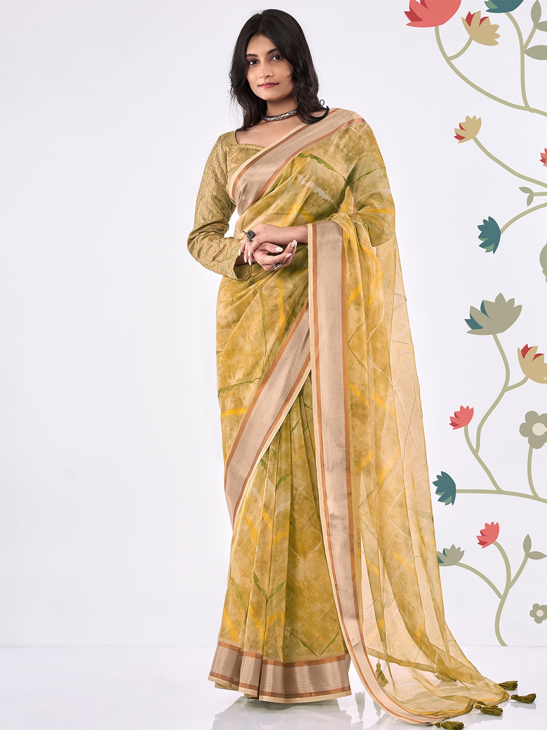 

SHANGRILA Printed Zari Organza Leheriya Saree, Yellow