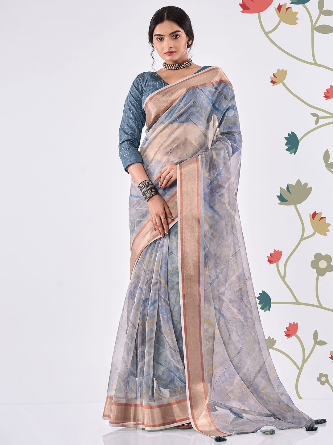 

SHANGRILA Printed Zari Organza Leheriya Saree, Grey
