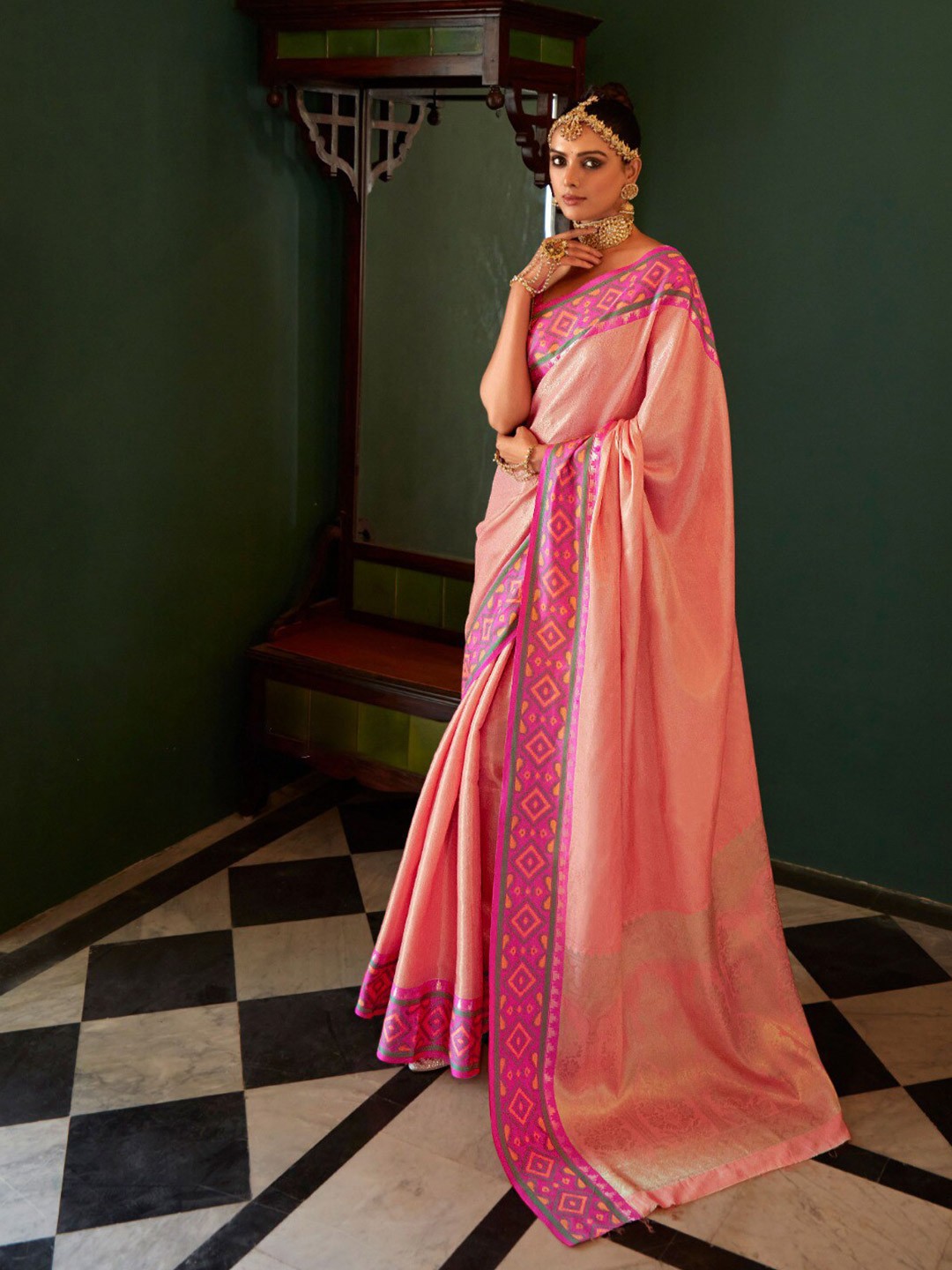 

Mitera Pink & Green Zari Banarasi Saree