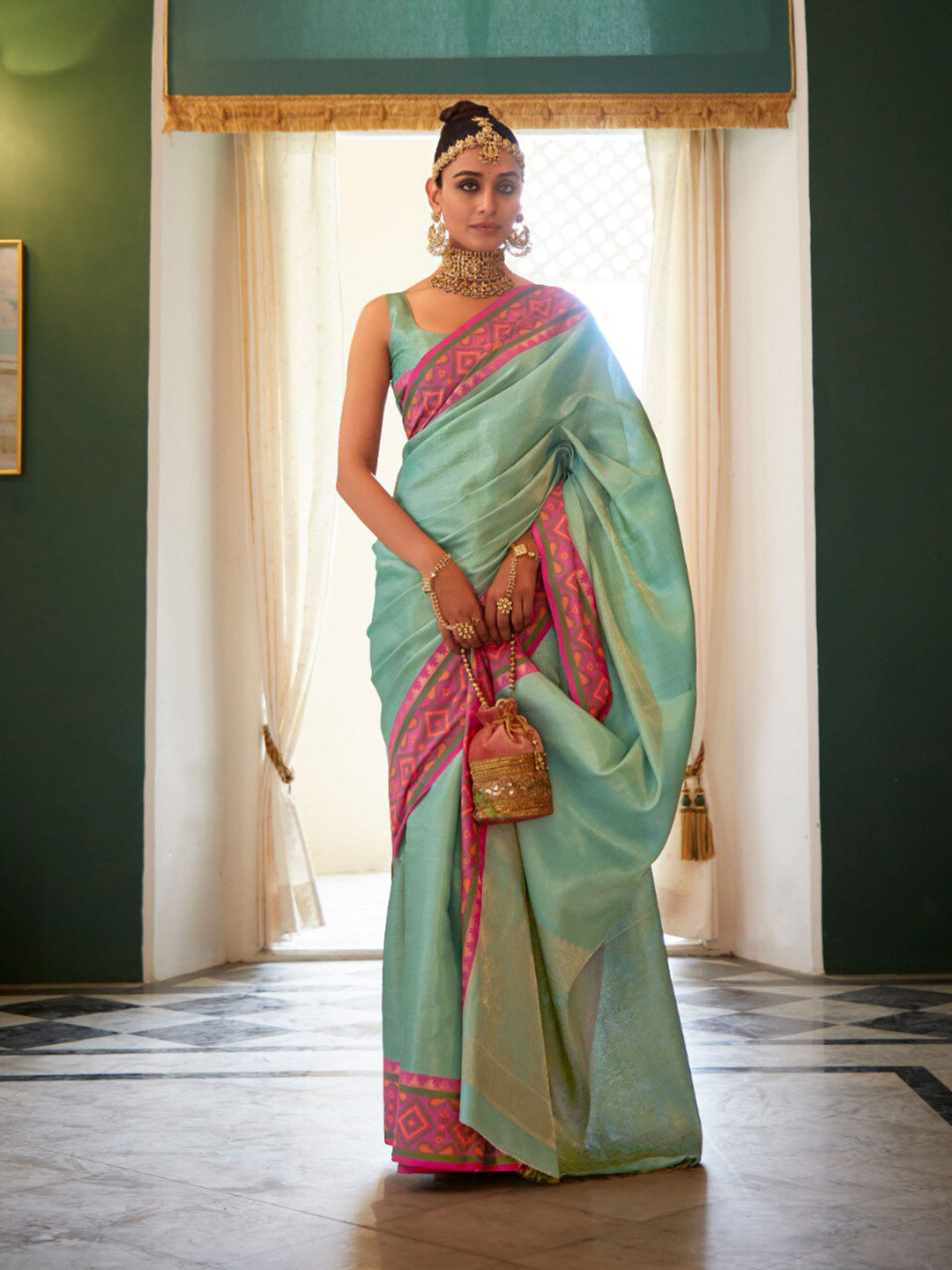 

Mitera Blue & Pink Zari Banarasi Saree
