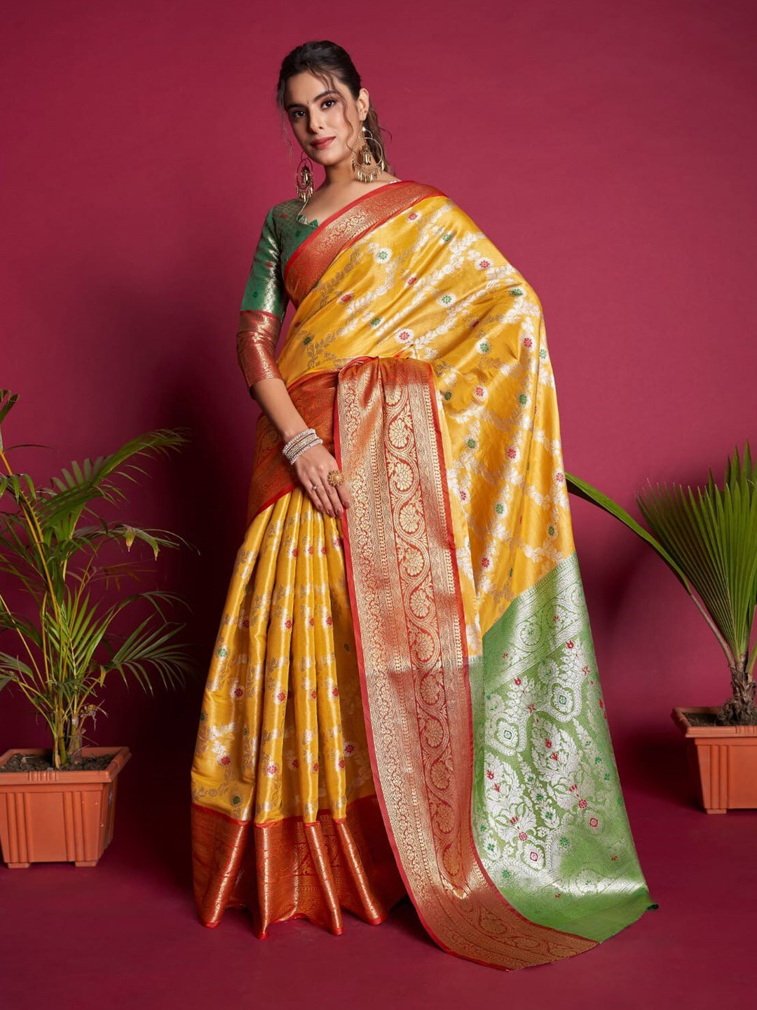 

Mitera Yellow & Green Floral Woven Design Zari Banarasi Saree