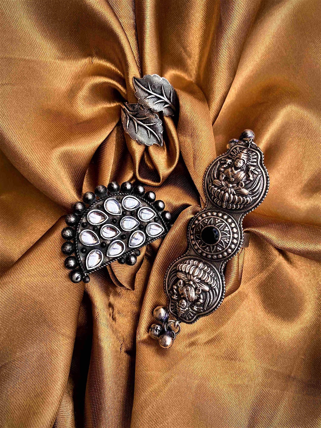 

ATIBELLE Set Of 3 Silver-Plated & Stone-Studded Adjustable Finger Ring