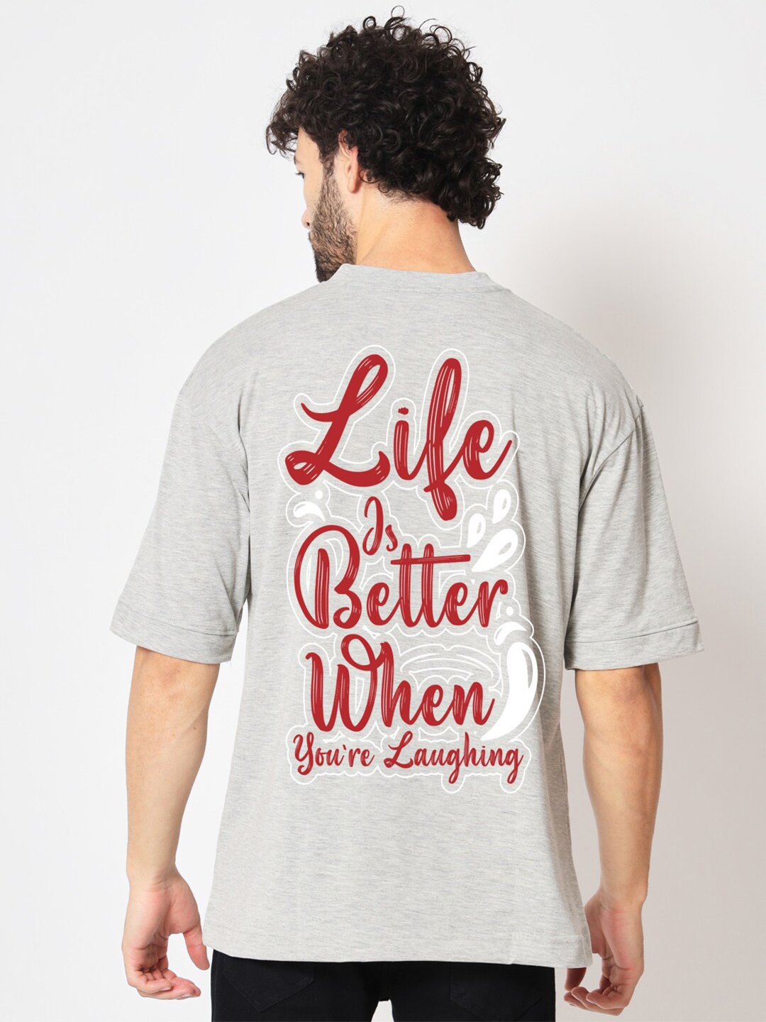

Imsa Moda Typography Printed Drop-Shoulder Sleeves Oversized Cotton T-shirt, Grey