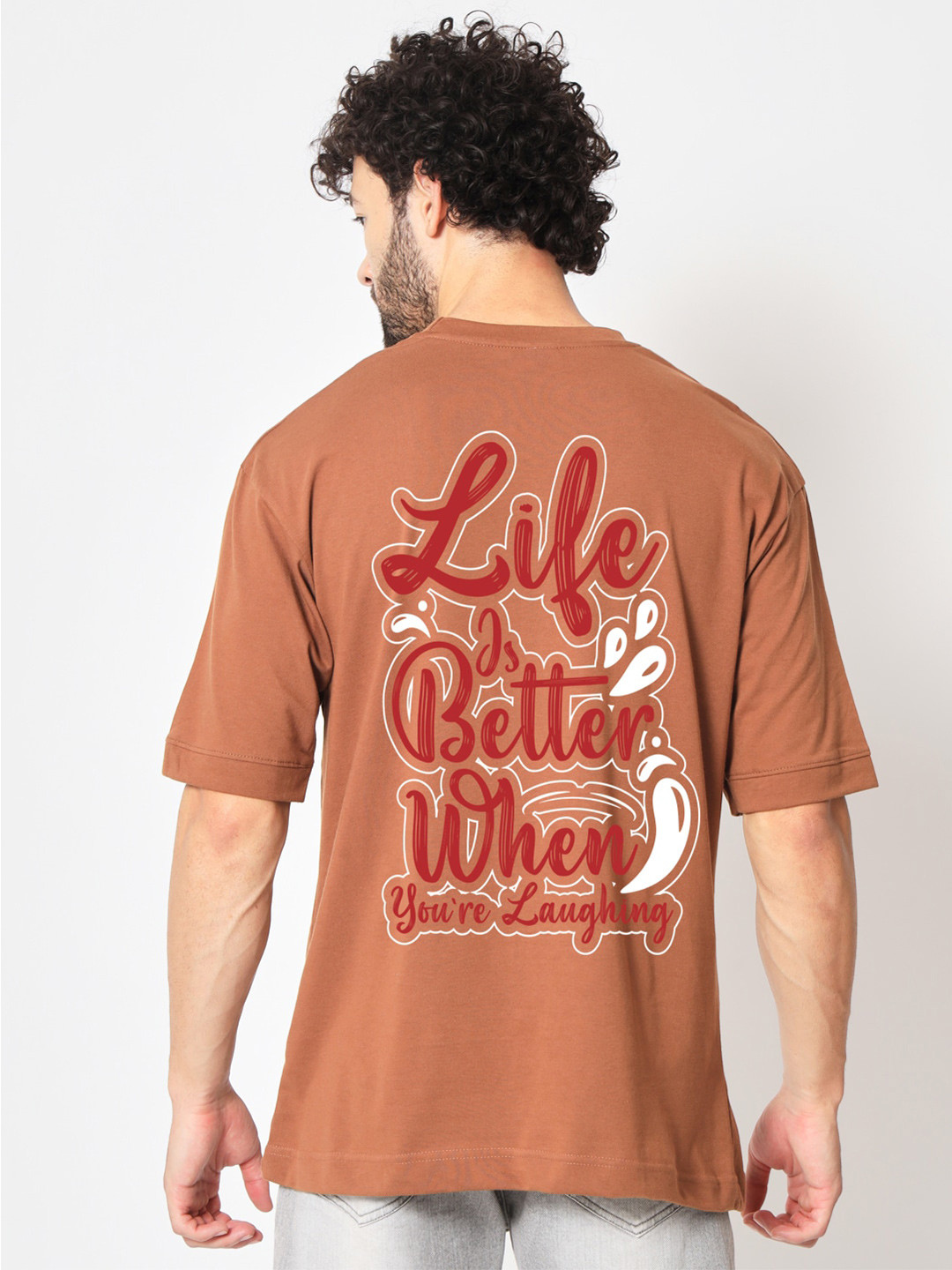

Imsa Moda Typography Printed Drop-Shoulder Sleeves Cotton Over Sized T-shirt, Coffee brown