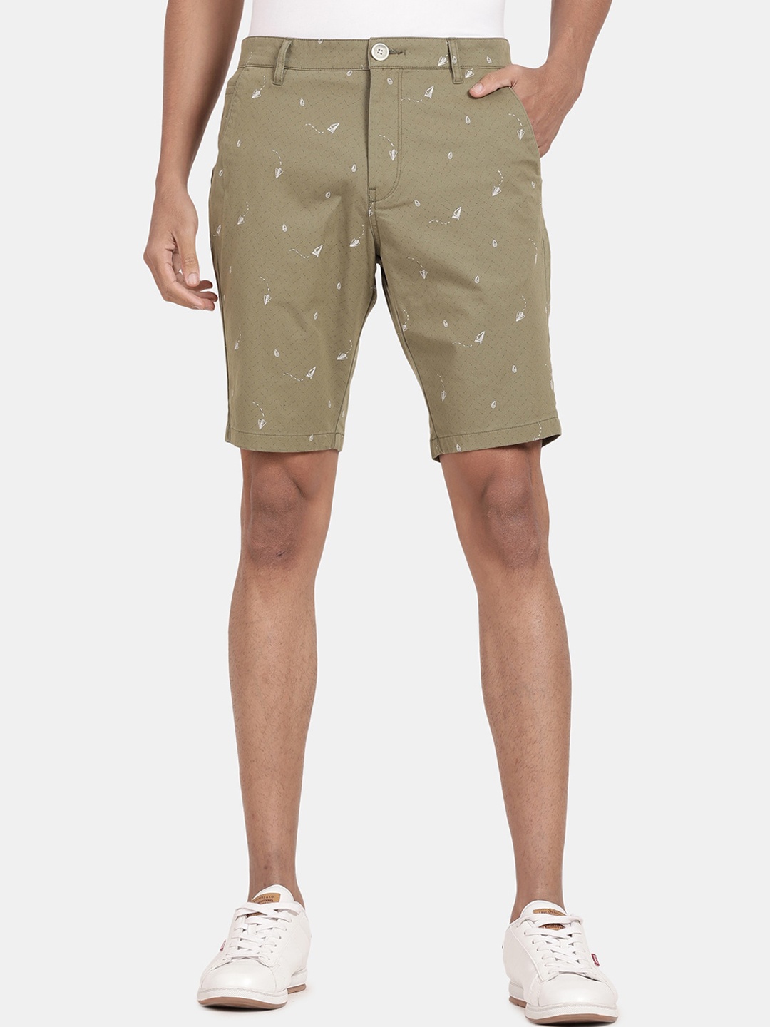 

t-base Men Conversational Printed Cotton Stretch Chino Shorts, Olive