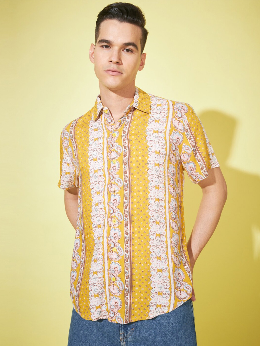 

Cation Mustard Yellow & Off White Relaxed Ethnic Motifs Printed Cotton Casual Shirt