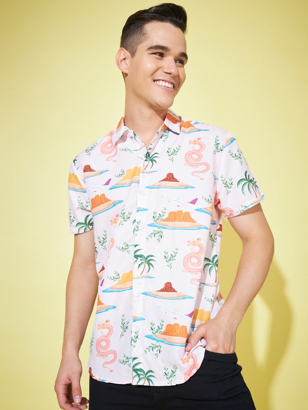 

Cation Men Cream-Coloured Printed Relaxed Boxy Opaque Casual Shirt