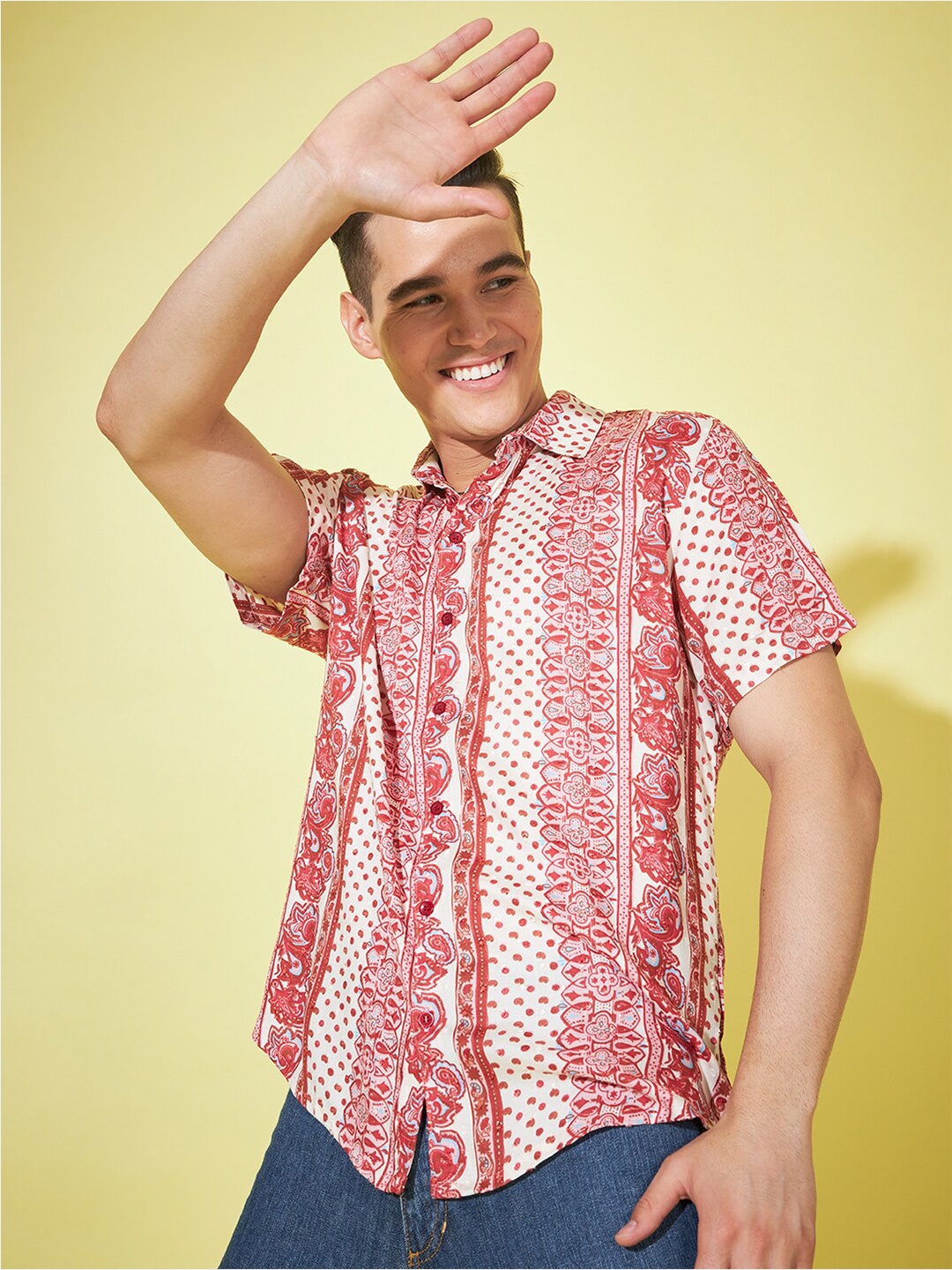 

Cation Men Rust Printed Relaxed Boxy Opaque Casual Shirt