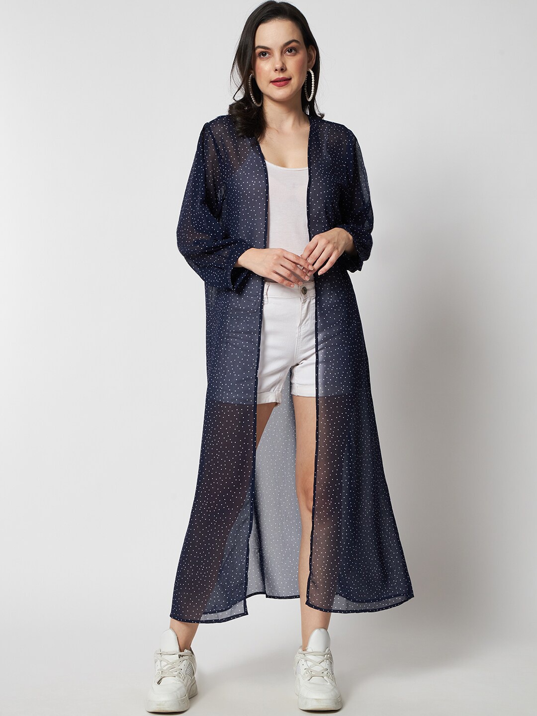 

COASTLAND Polka Dot Printed Cuffed Sleeves Sheer Longline Open Front Shrug, Navy blue