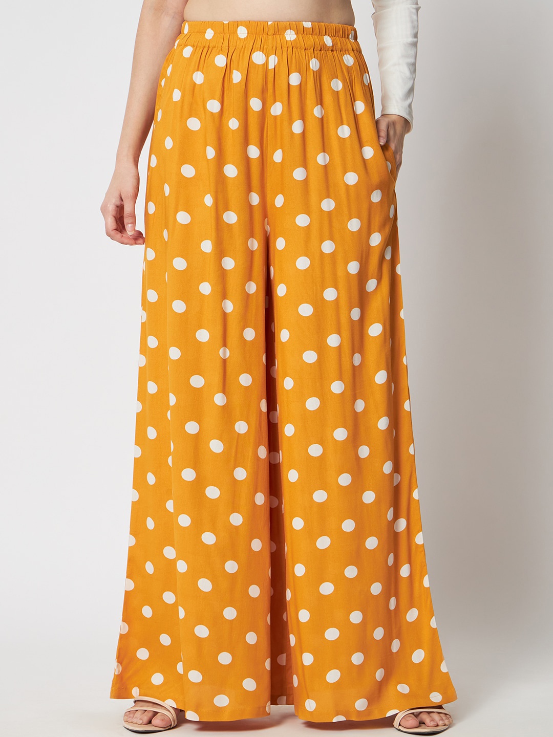 

COASTLAND Women Polka Dot Printed Flared Palazzos, Yellow