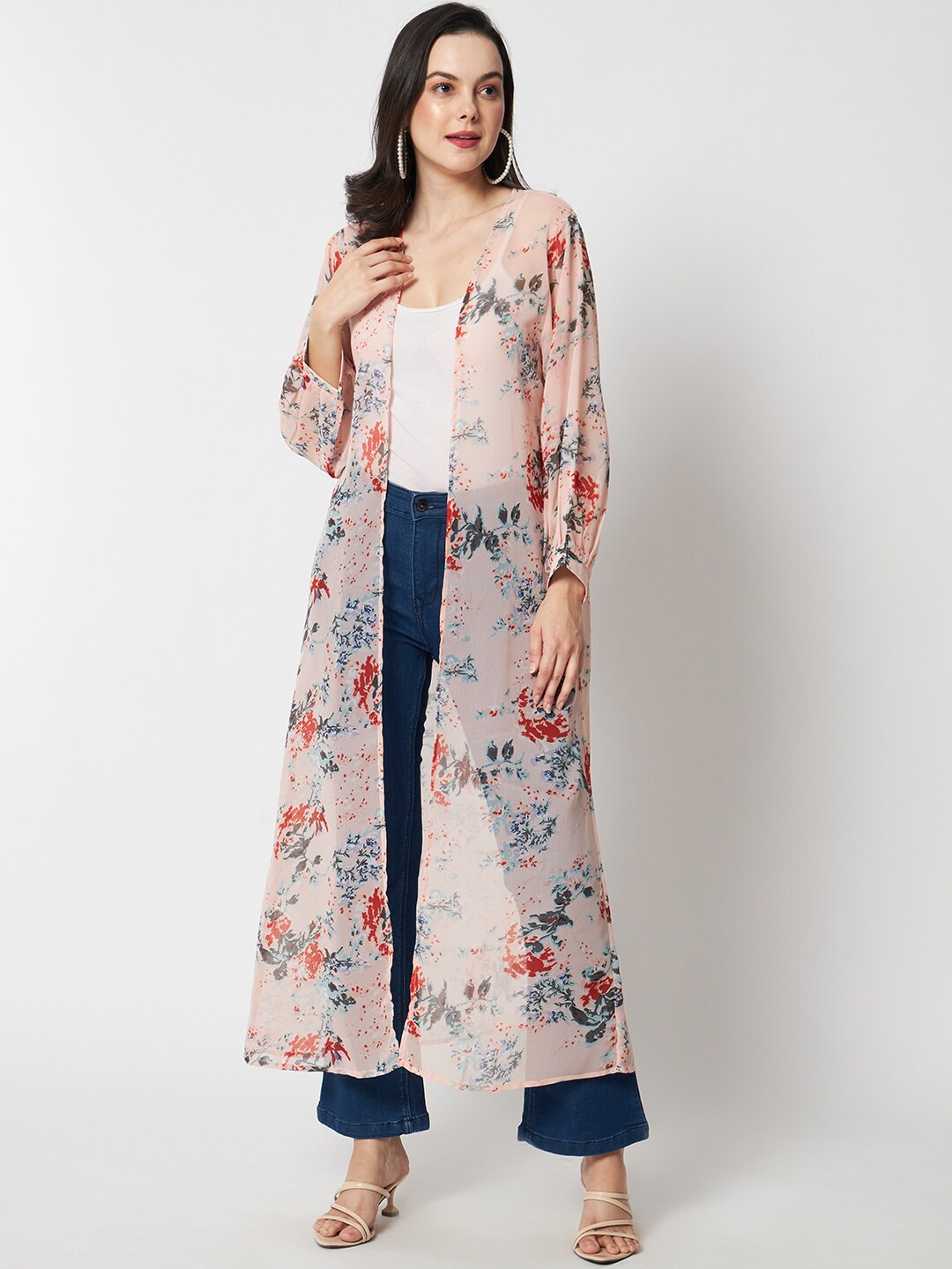 

COASTLAND Floral Printed Cuffed Sleeves Sheer Longline Open Front Shrug, Peach