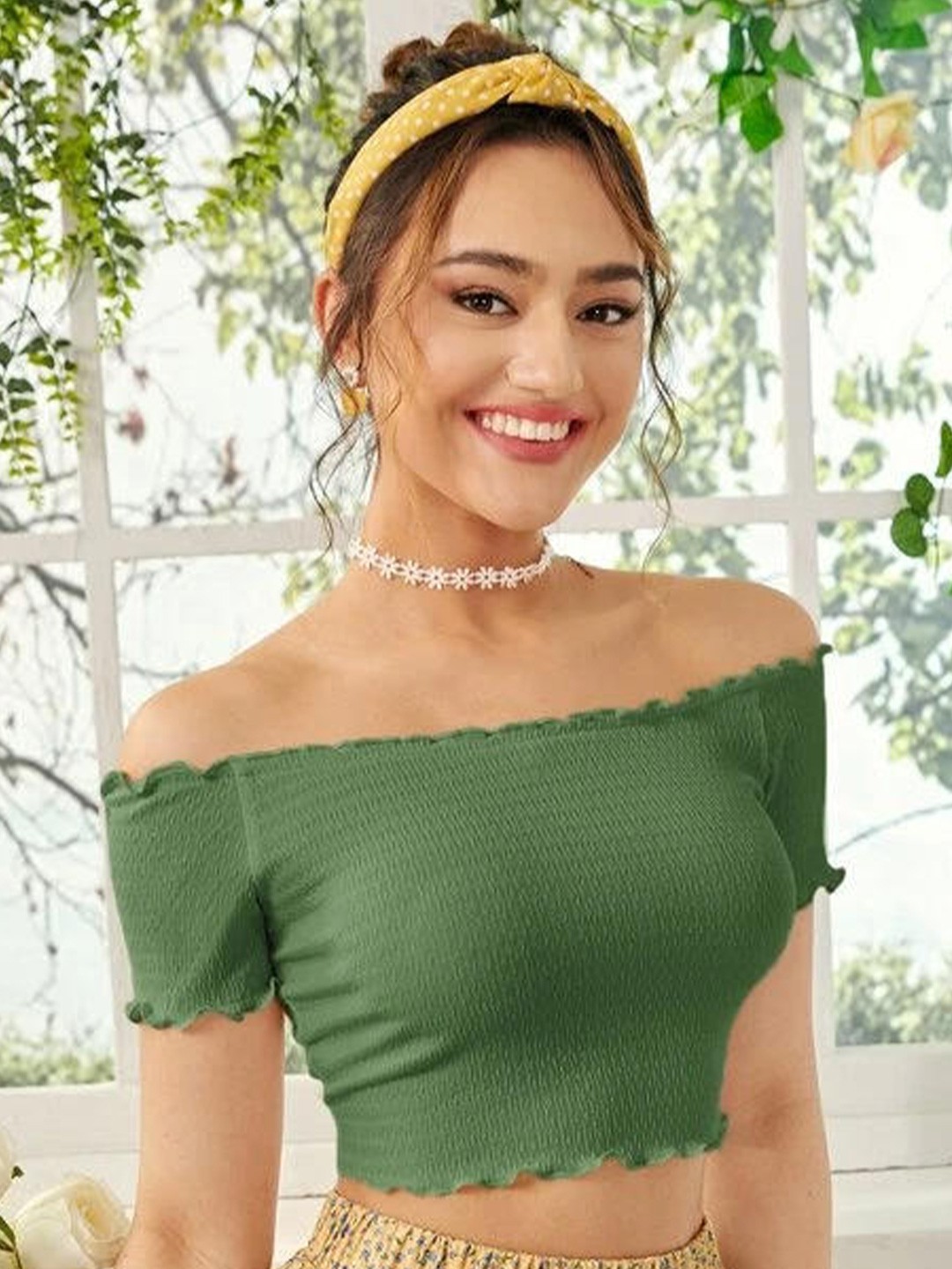 

BAESD Off-Shoulder Pure Cotton Crepe Bardot Crop Top, Green