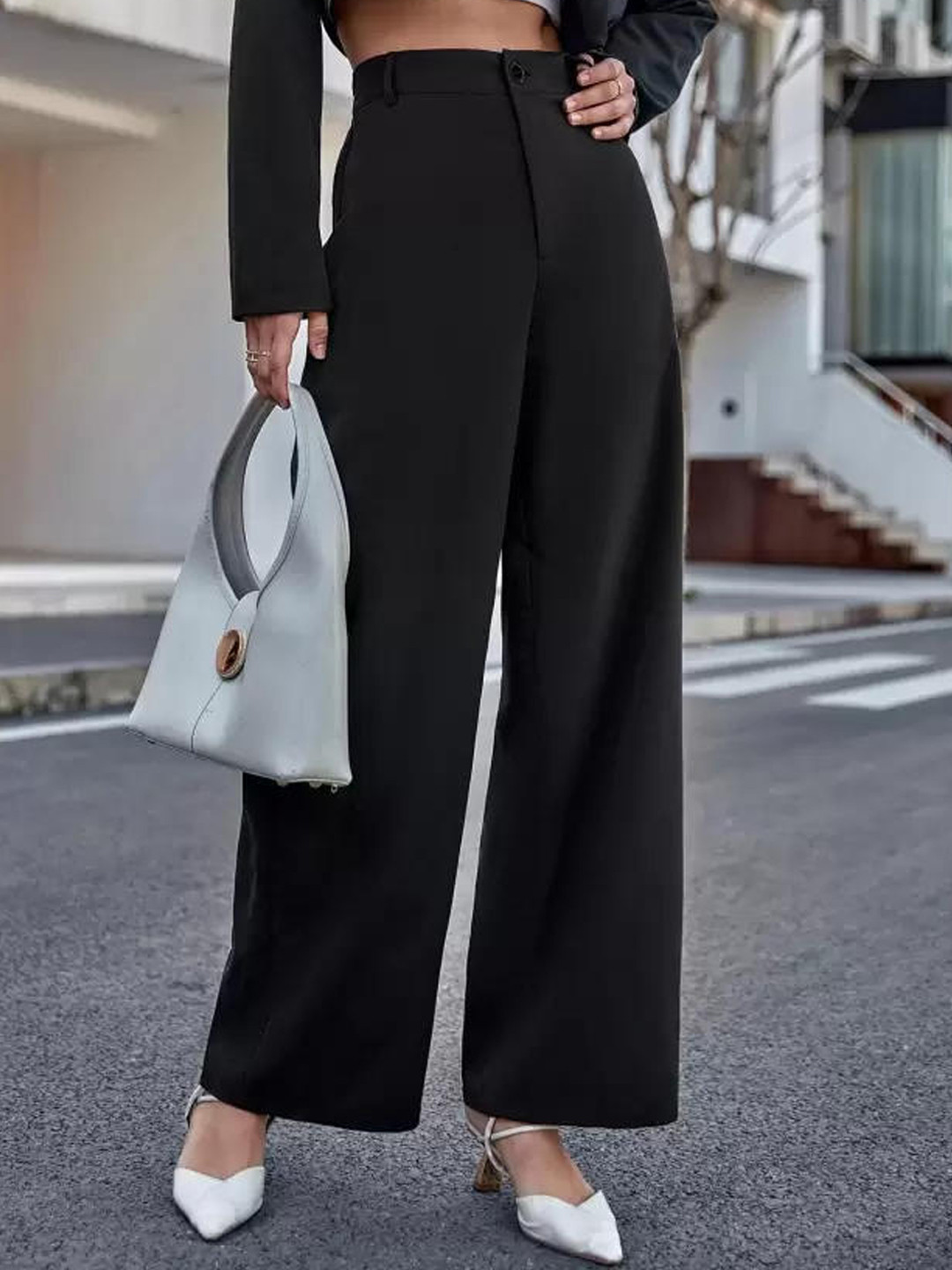 

BAESD Women Mid-Rise Plain Relaxed Parallel Trousers, Black
