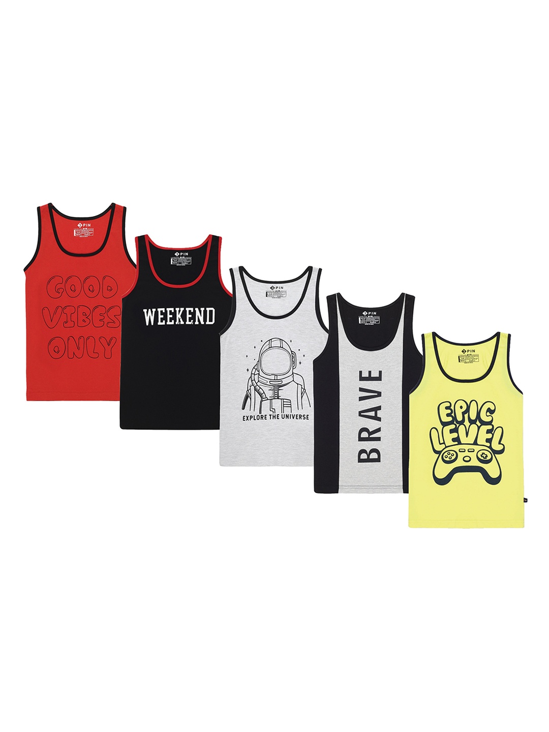 

3PIN Boys Pack Of 5 Printed Cotton Innerwear Vests, Red