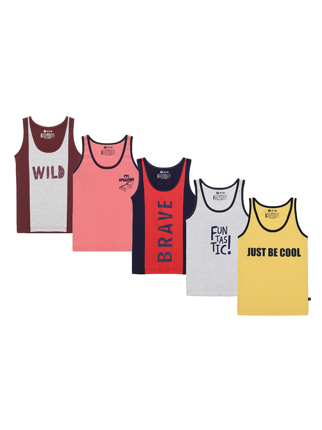 

3PIN Boys Pack Of 5 Printed Cotton Innerwear Vests, Peach