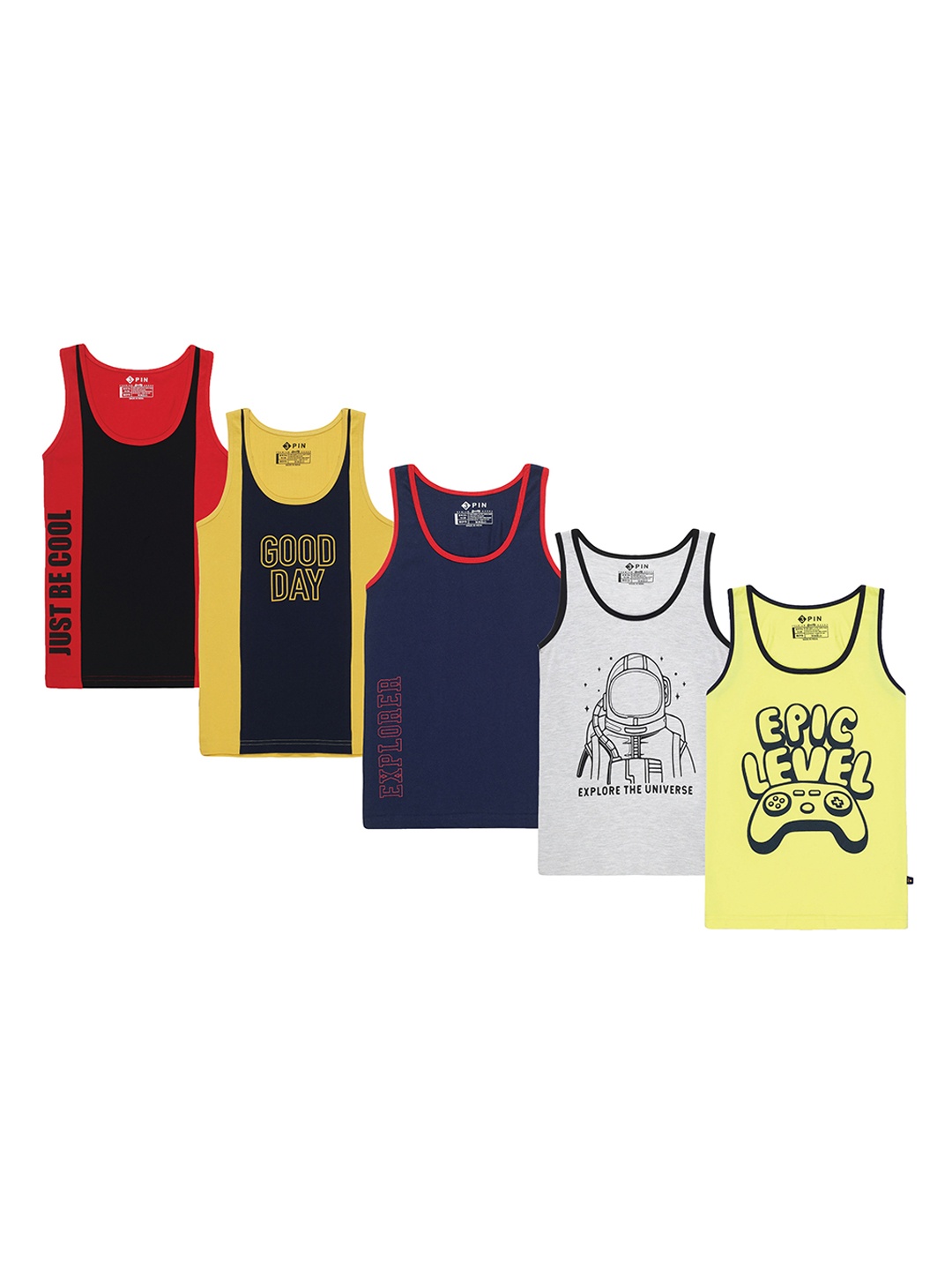 

3PIN Boys Pack Of 5 Printed Cotton Innerwear Vests, Red