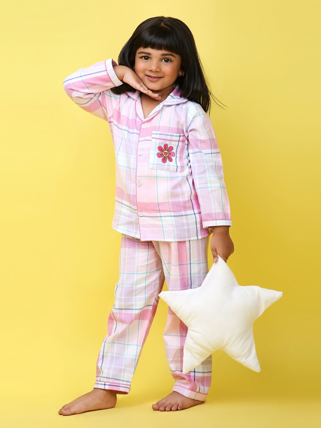 

Knitting Doodles Girls Checked Shirt With Pyjama, Pink