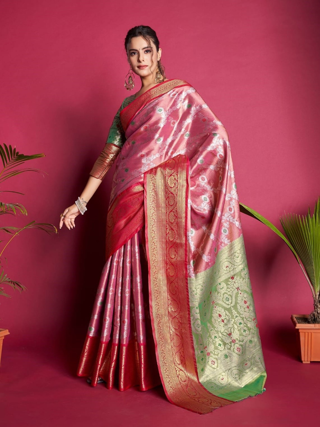 

Mitera Magenta & Green Floral Woven Design Zari Banarasi Saree