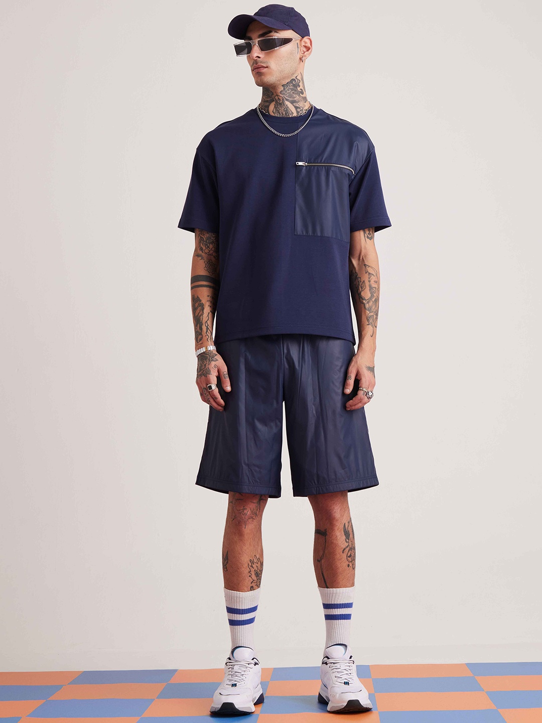 

Muvazo Relaxed-Fit Hooded T-Shirt & Shorts Co-Ords, Navy blue