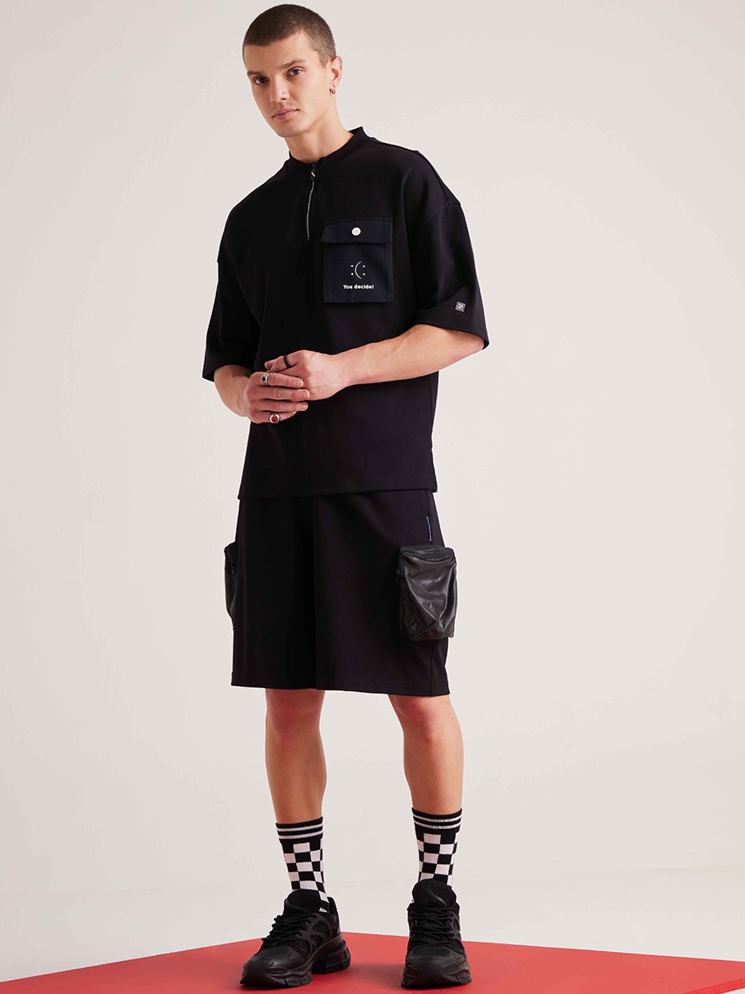

Muvazo Graphic Smiley Printed 3D Pocket Detail T-Shirt & Shorts Co-Ords, Black