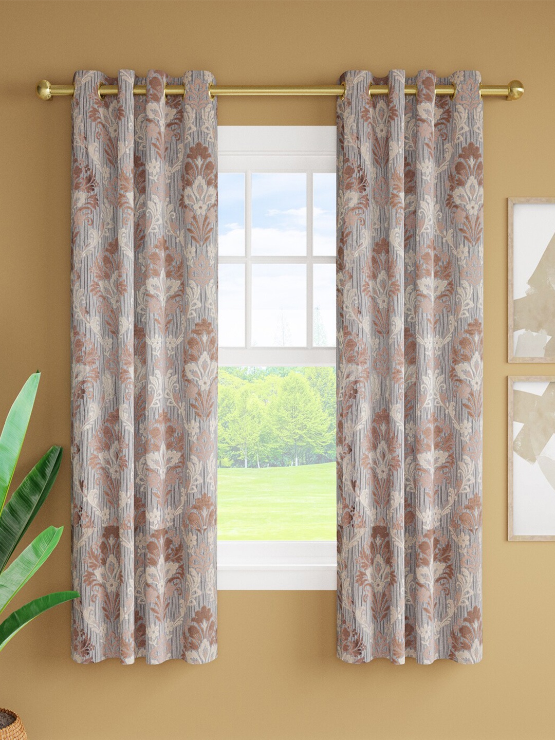 

Just Home Blue & Brown 2 Pieces Printed Jacquard Room Darkening Window Curtains