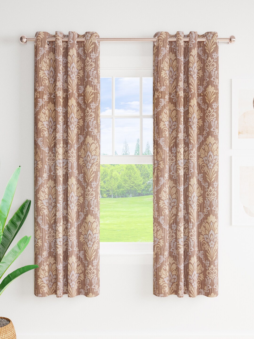 

Just Home Coffee Brown 2 Pieces Printed Jacquard Room Darkening Window Curtains