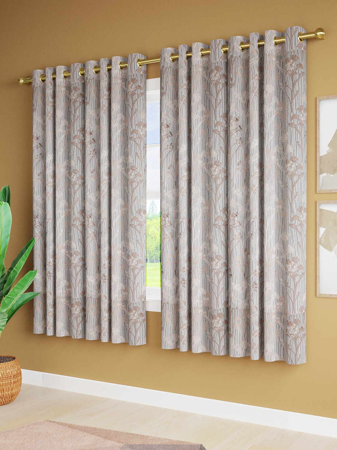 

Just Home Blue & Brown 4 Pieces Printed Jacquard Room Darkening Window Curtains