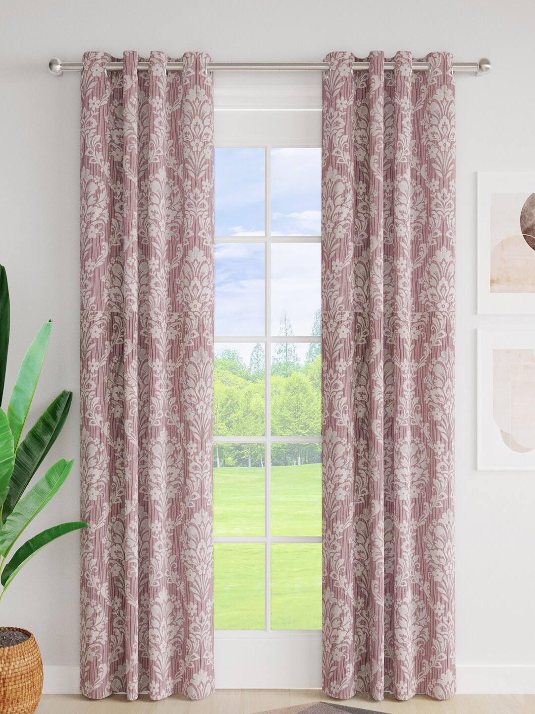 

Just Home Purple & Cream-Coloured 2 Pieces Printed Jacquard Room Darkening Door Curtains