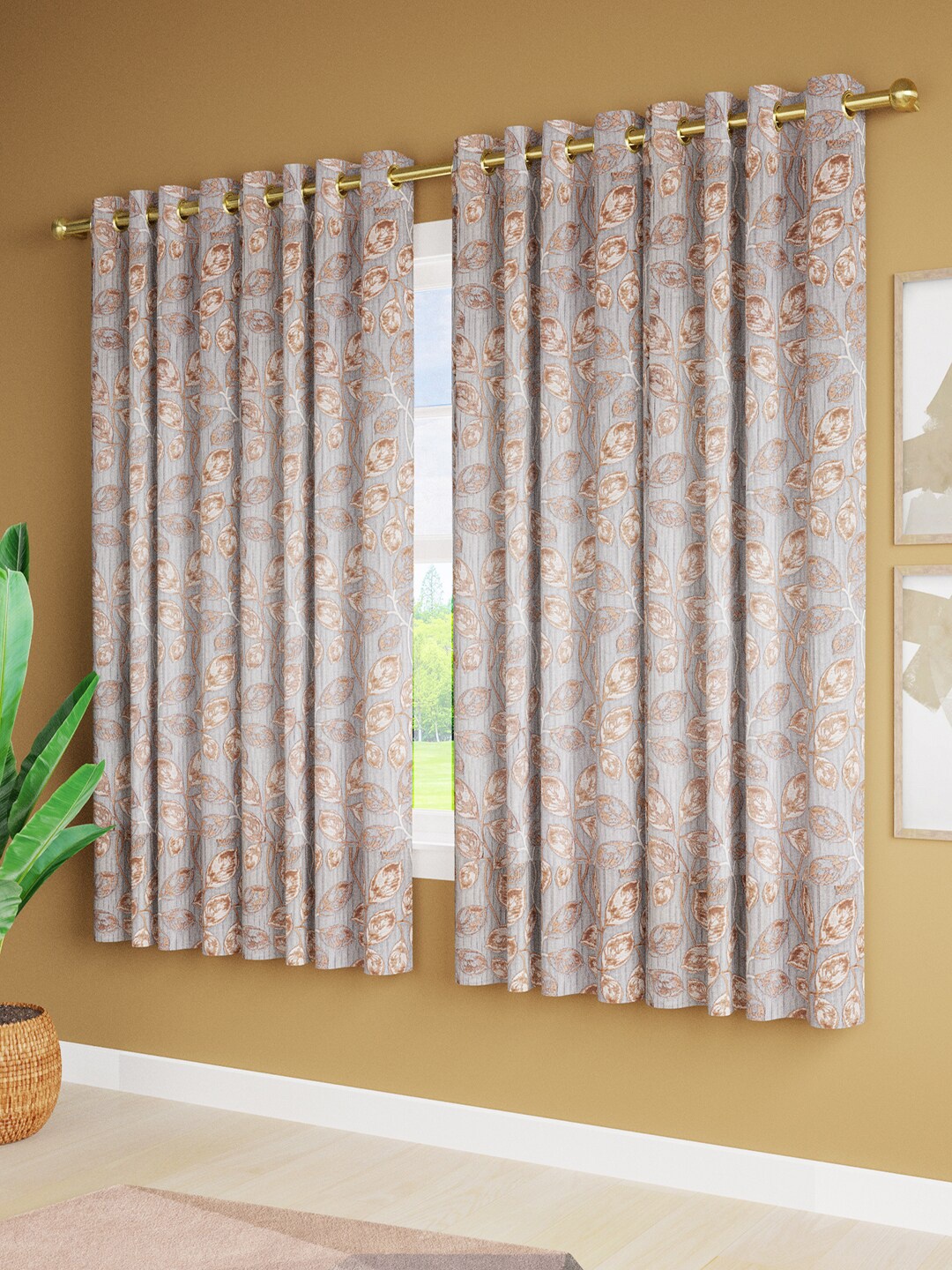 

Just Home Cream-Coloured & Grey 4 Pieces Printed Jacquard Room Darkening Window Curtain