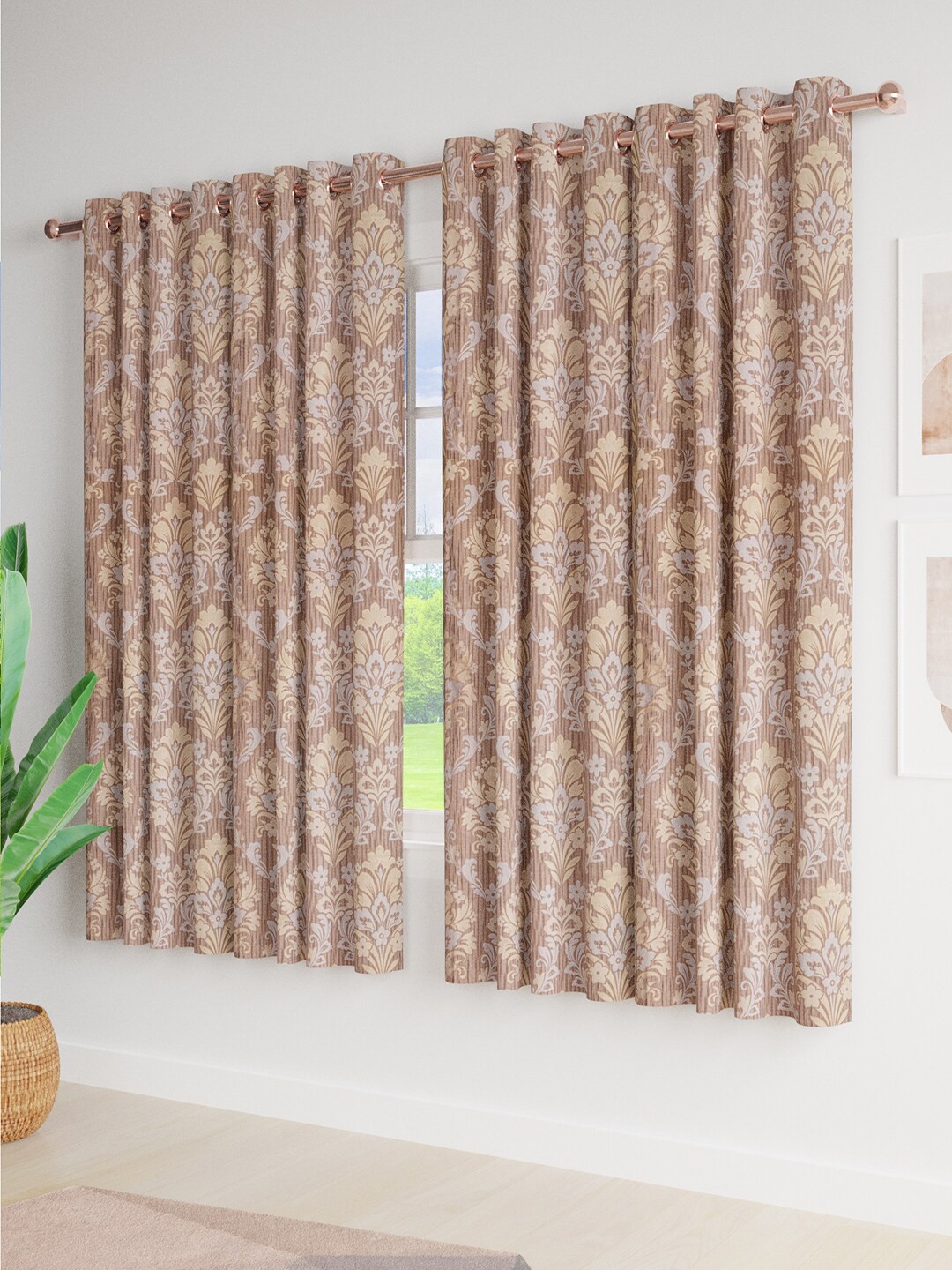 

Just Home Coffee Brown 4 Pieces Printed Jacquard Room Darkening Window Curtain