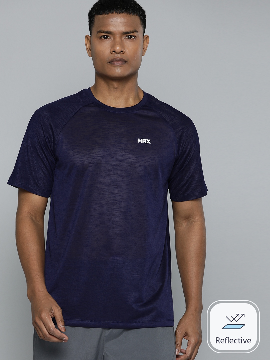 

HRX by Hrithik Roshan Men Brand Logo Printed Rapid-Dry Reflective Sports T-shirt, Navy blue