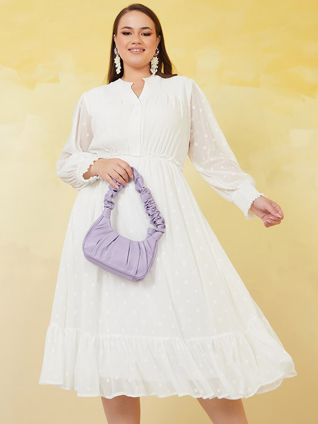 

Styli Plus Size White Smocked Dobby Mandarin Collar Midi A-Line Dress