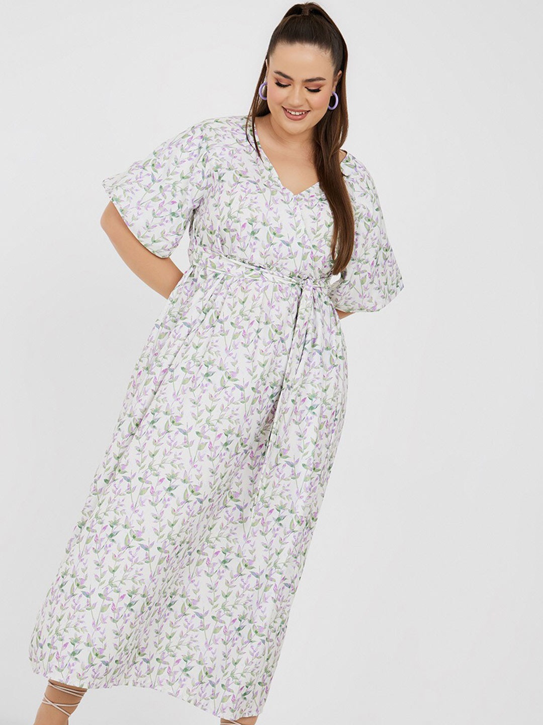 

Styli Plus Size Floral Printed Waist Tie-Ups Flared Sleeves A-Line Dress, White