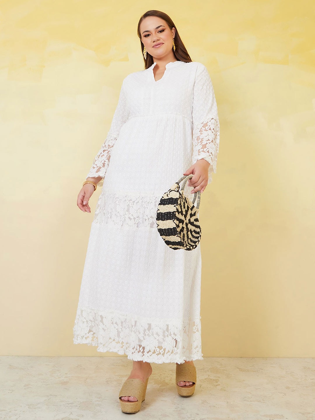 

Styli Plus Size White Schiffli Lace Insert Tiered Cotton Maxi A-Line Dress