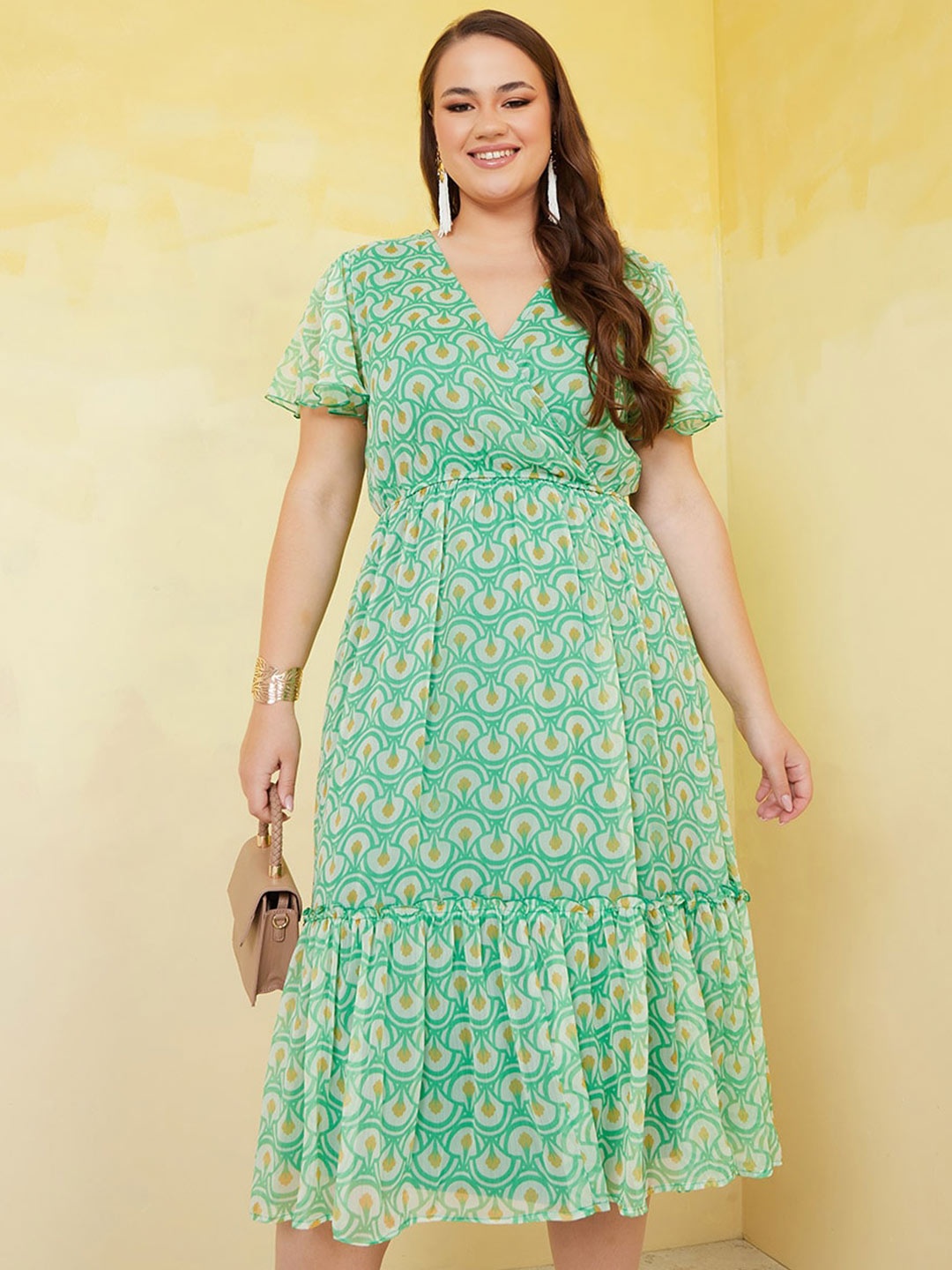 

Styli Plus Size Green And Yellow Floral Printed Flared Sleeve Gathered Wrap Dress