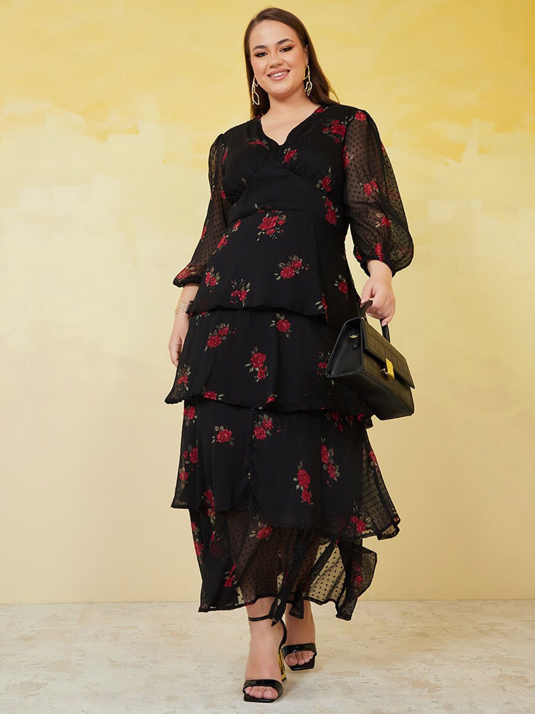 

Styli Plus Size Black And Red Floral Printed Dobby Puff Sleeves Layered Maxi Dress