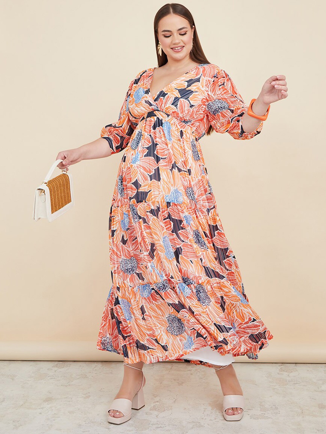 

Styli Plus Size Orange And Blue Floral Printed Puff Sleeves Tiered Maxi Dress