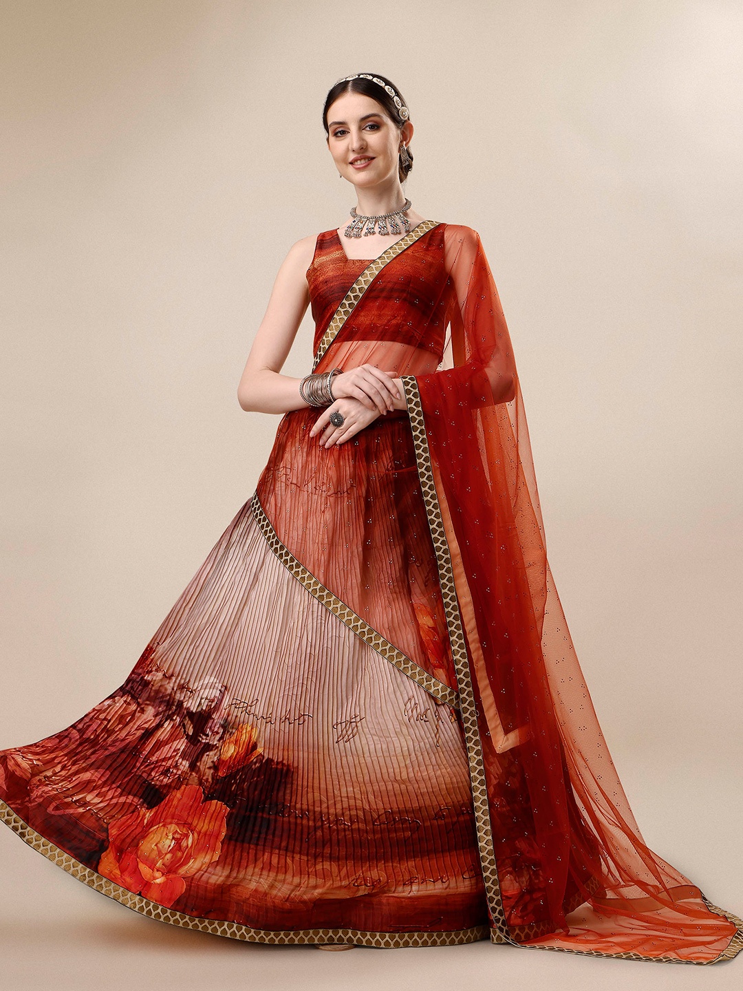 

SAPTRANGI Printed Ready to Wear Silk Lehenga & Blouse With Dupatta, Red