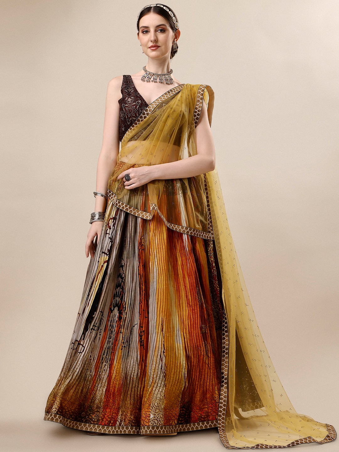 

SAPTRANGI Printed Ready to Wear Silk Lehenga & Blouse With Dupatta, Brown