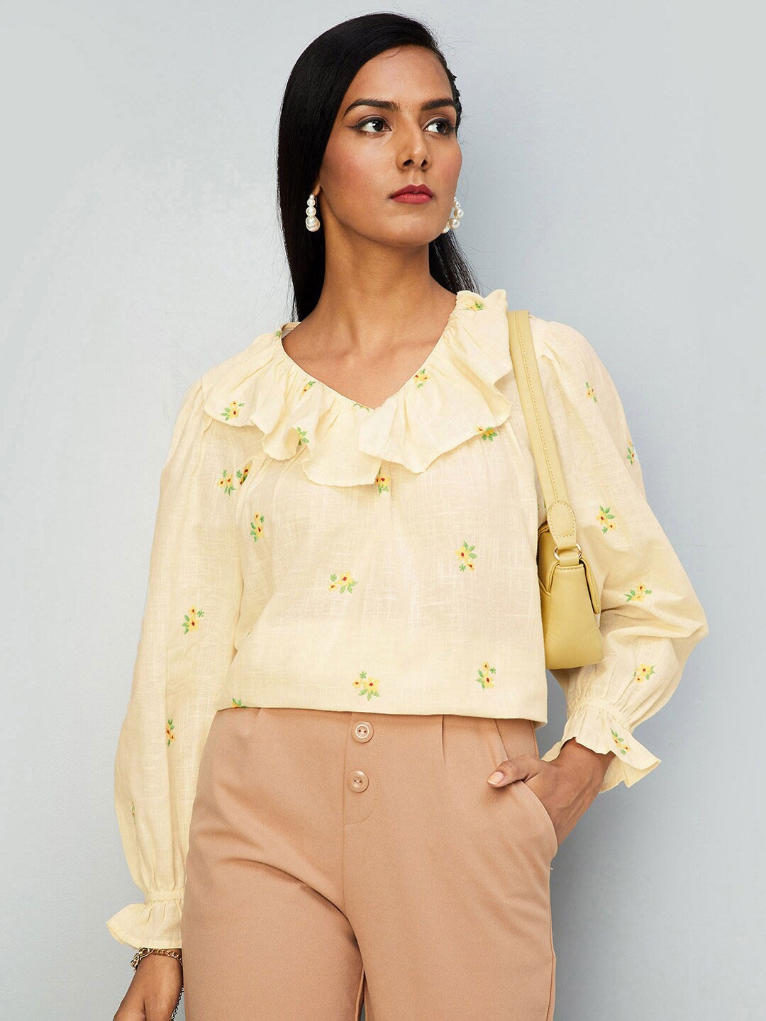 

max Floral Embroidered Cotton Top, Beige