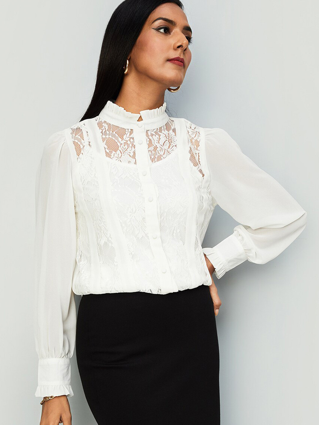 

max Self Design Mandarin Collar Shirt Style Top, Beige