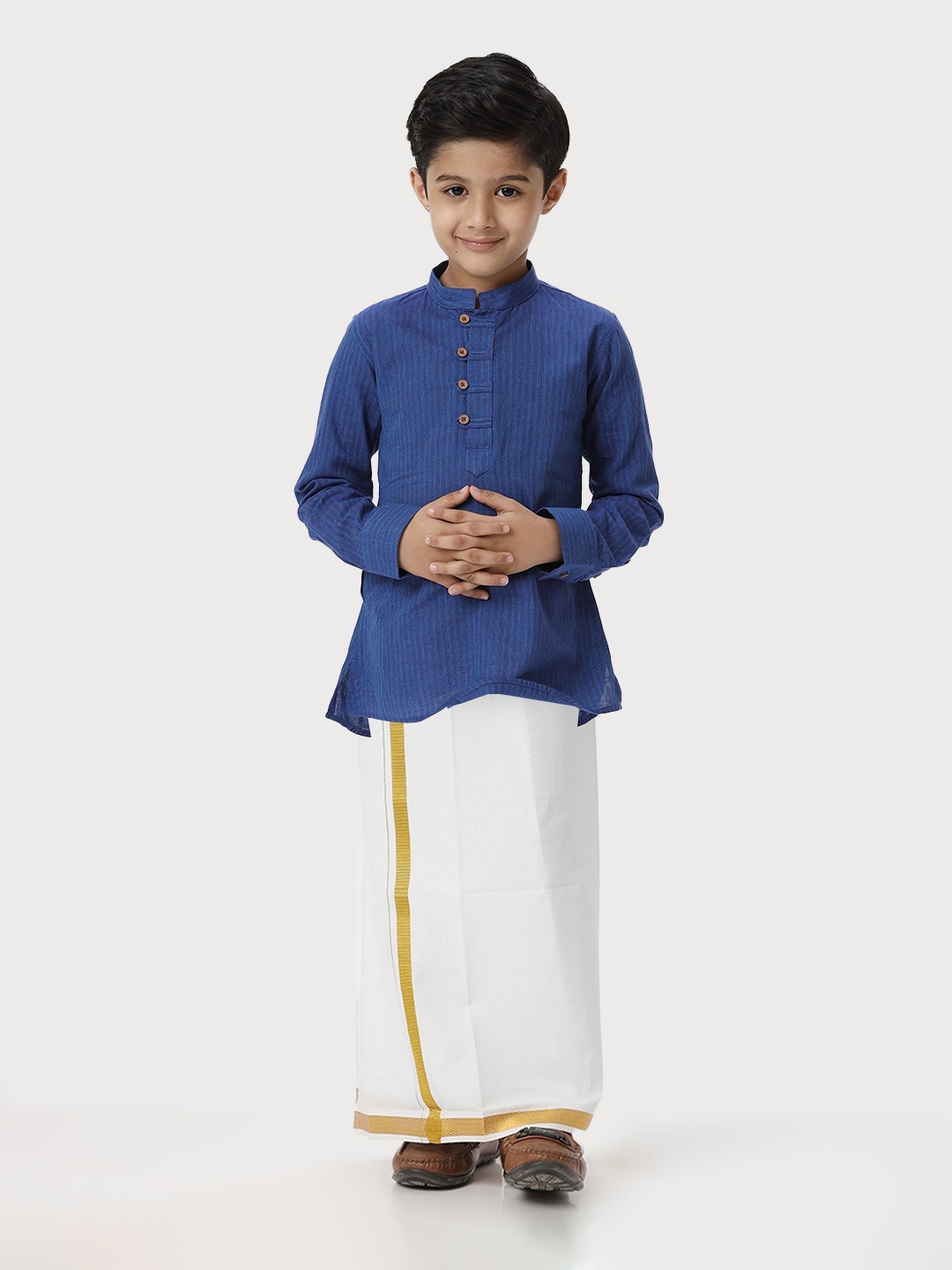 

Ramraj Boys Mandarin Collar Pure Cotton Shirt With Veshti, Blue