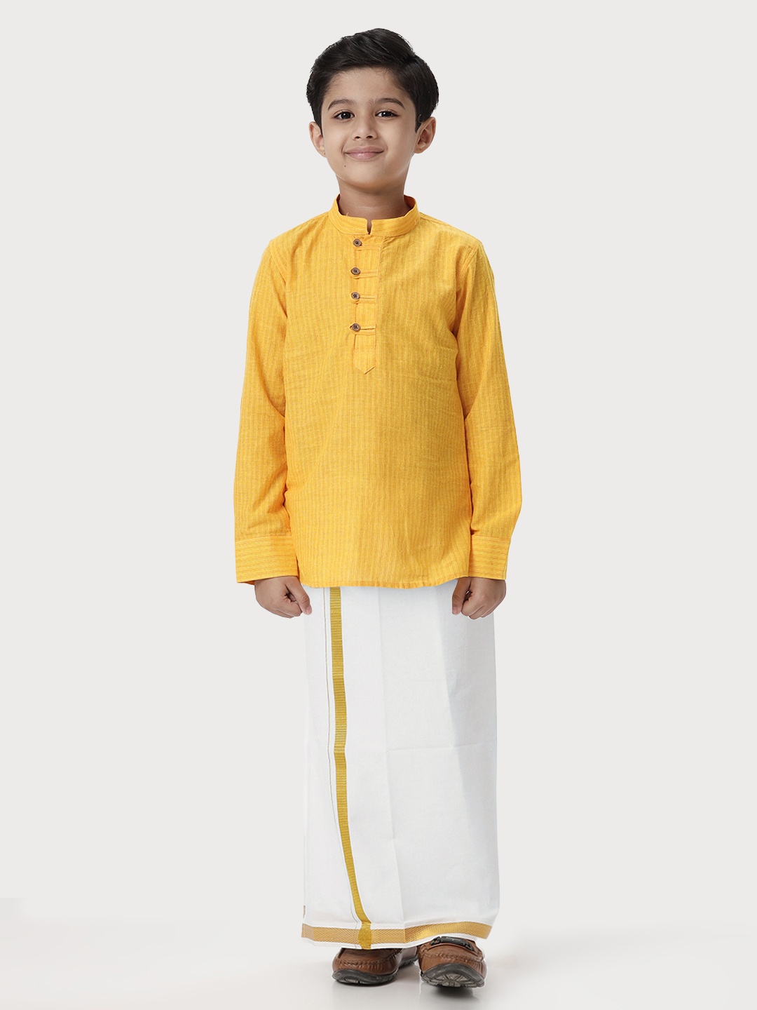 

Ramraj Boys Striped Pure Cotton Shirt & Veshti, Yellow