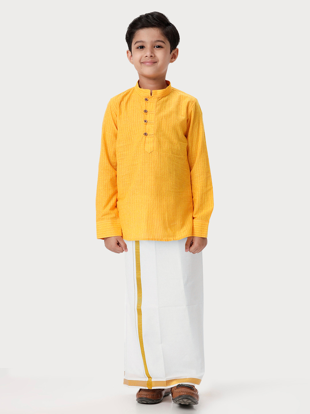 

Ramraj Boys Striped Pure Cotton Shirt & Veshti, Yellow