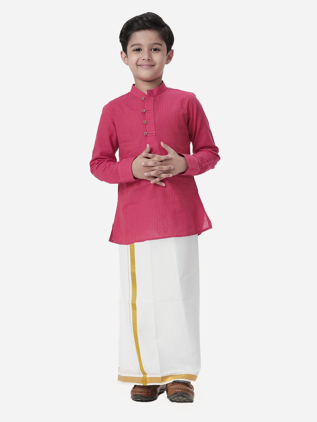 

Ramraj Boys Mandarin Collar Pure Cotton Shirt With Veshti, Pink