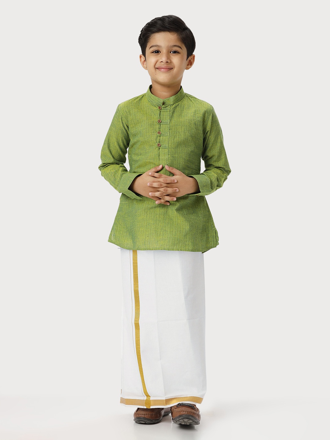 

Ramraj Boys Striped Pure Cotton Shirt & Veshti, Green