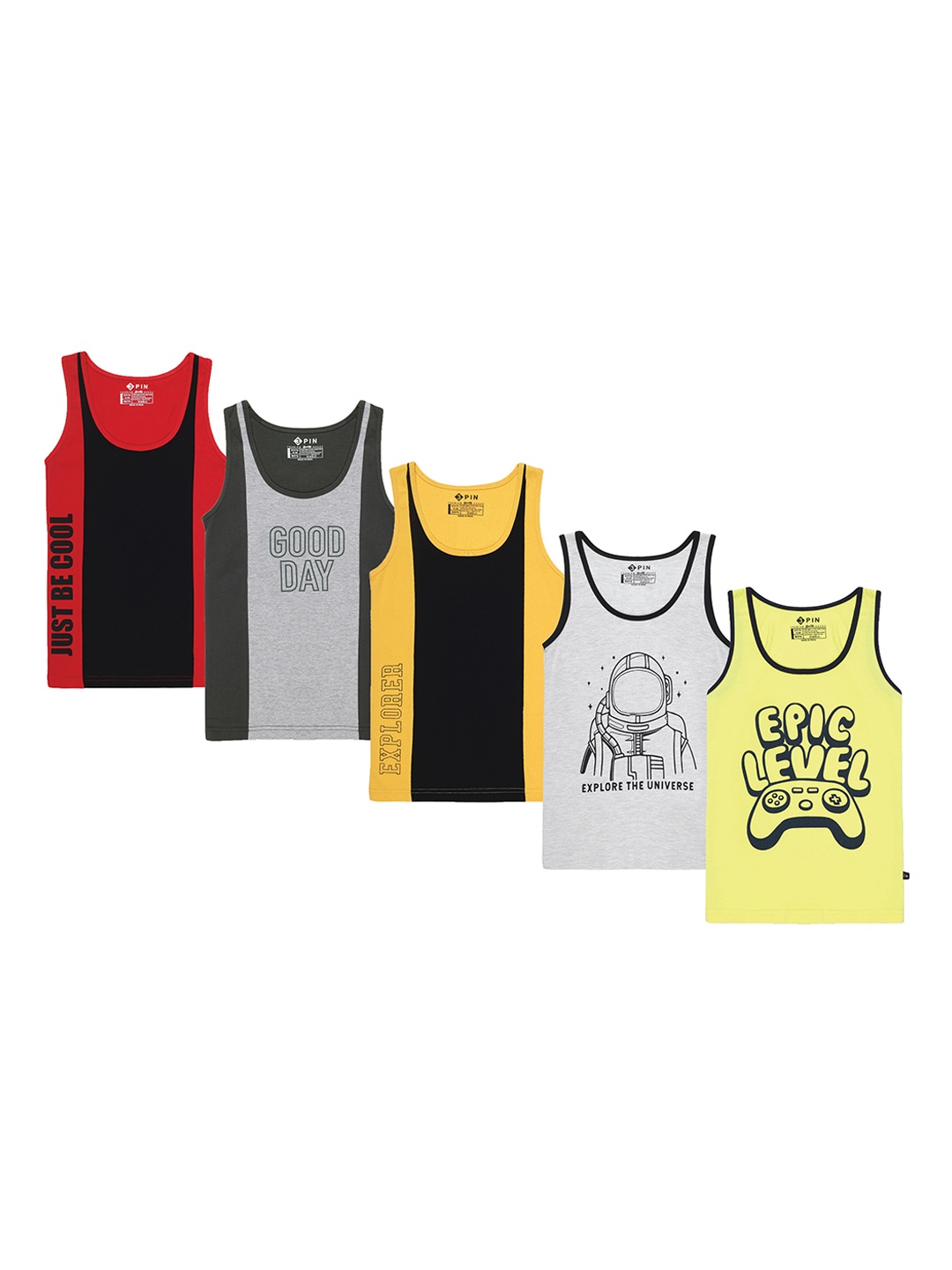 

3PIN Boys Pack Of 5 Printed Cotton Innerwear Vests, Yellow